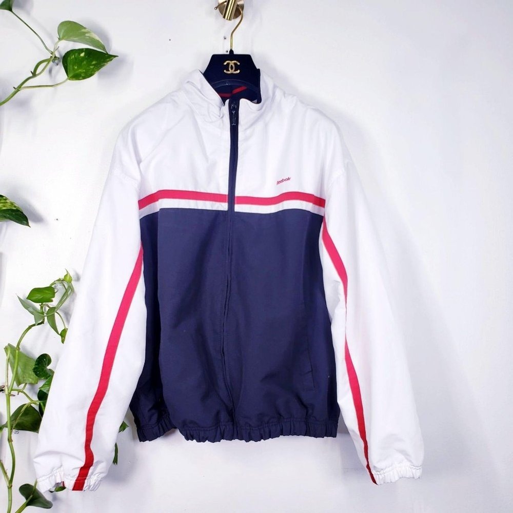 REEBOK Windbreaker Jacket Womens XL Navy Bue White Colorblock Track‎  High Neck